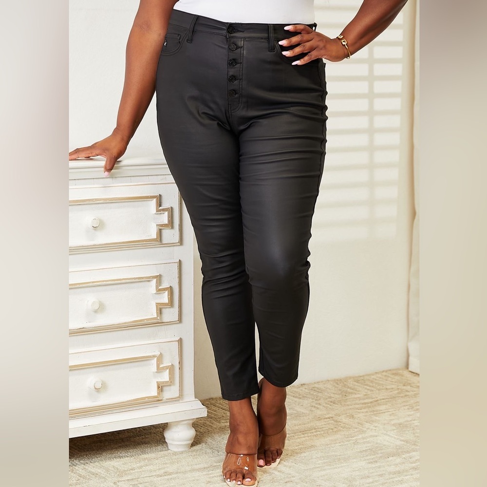 NEW Kancan Plus Size High Waisted Black Coated Ankle Button Fly Skinny Jeans